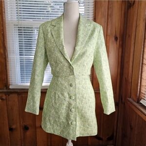 Miss Selfridge blazer mini skirt set green blue floral jacquard preppy retro 8 M